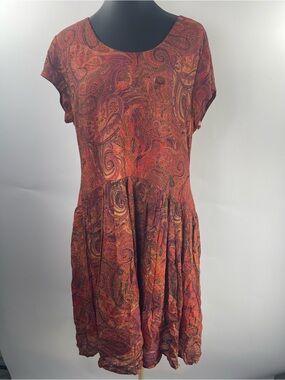 Peruvian Connection Rustic Boho Paisley Print Burnt Orange Drop Waist Dress XL